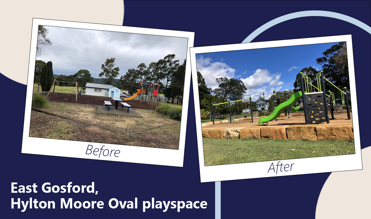 graphic element with before and after text, showing older play area in contrast to site with new equipment