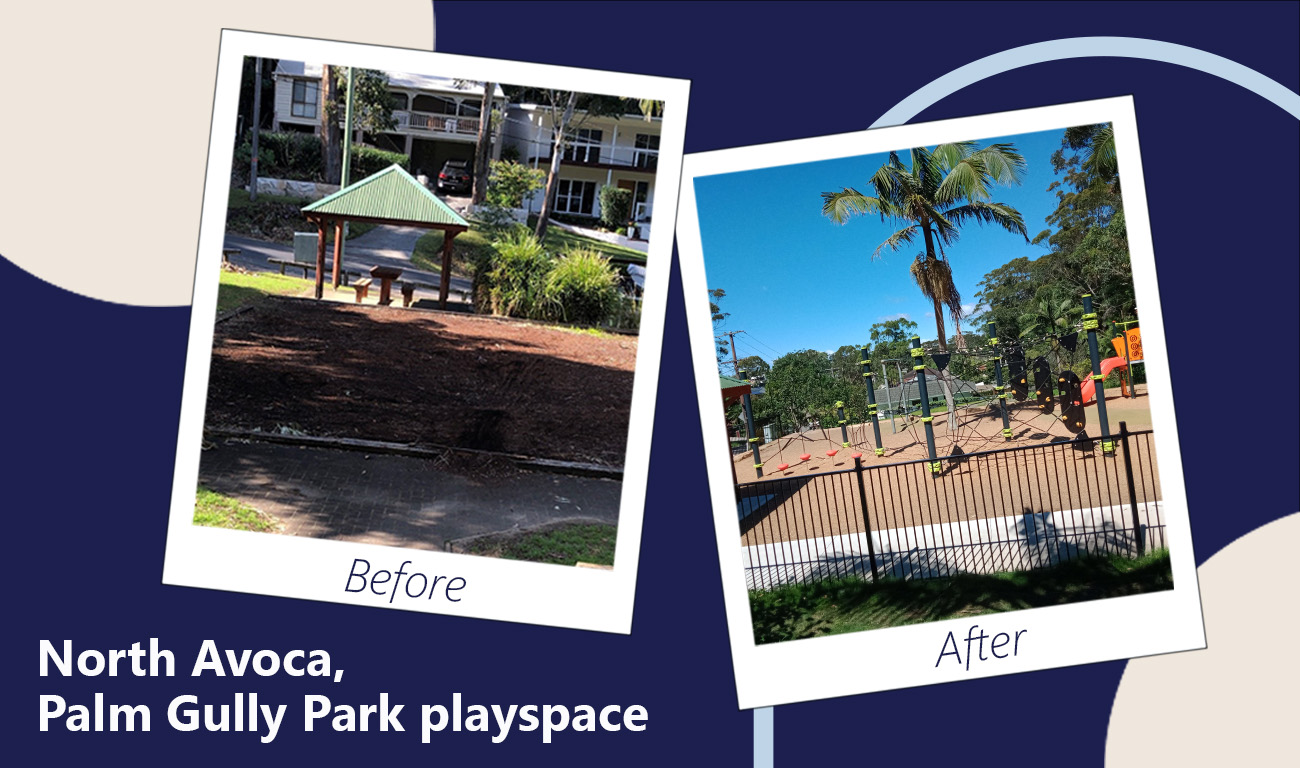 North Avoca Palm Gully playspace upgrade before and after 