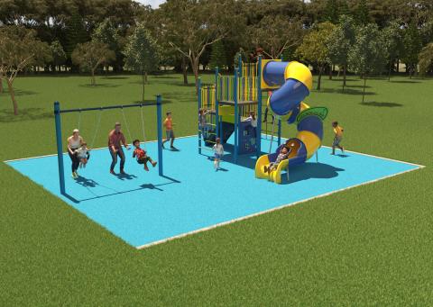 A concept design of the playspace at Baker Park in Wyong with swings and a play unit with a slide and rubber softfall.