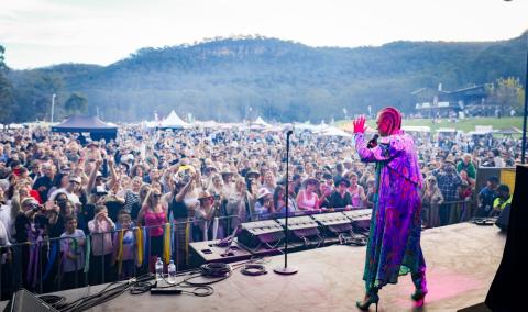 A woman performing on stage at a music festival, captivating a lively crowd with her music.