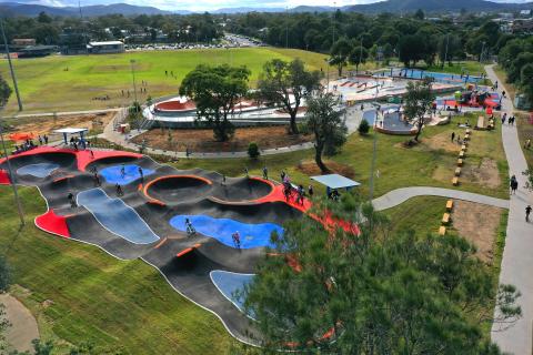 aerial photo of sports precinct with BMX track basketball court skatepark