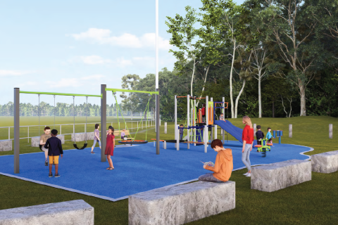 Concept image of Adelaide Street Oval featuring children on play equipment including a play unit with double slide, rocker, bridge, balance beam, rope climber, nest swing, standard swing, junior swing and rubber softfall.