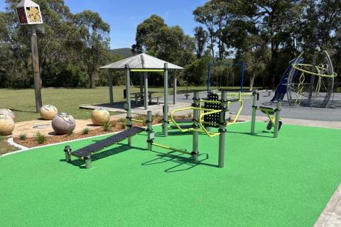 Green softfall flooring with black and green fitness equipment on it. To the left of the equipment are some large sphere statues. In the background is a shelter with a bench seat and a playspace.